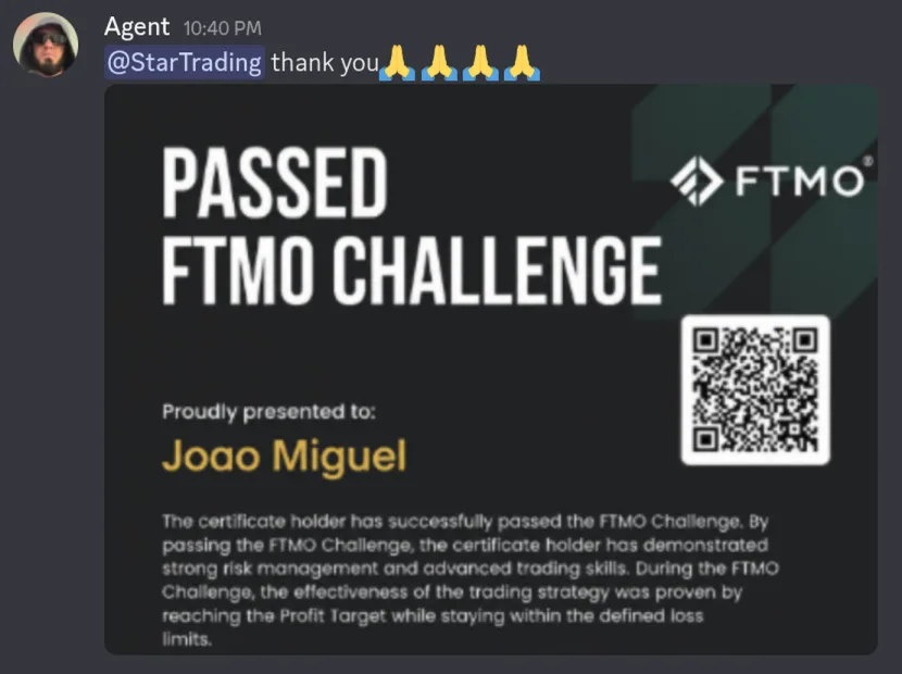 Discord message from Joao Miguel about having their prop firm challenge passed