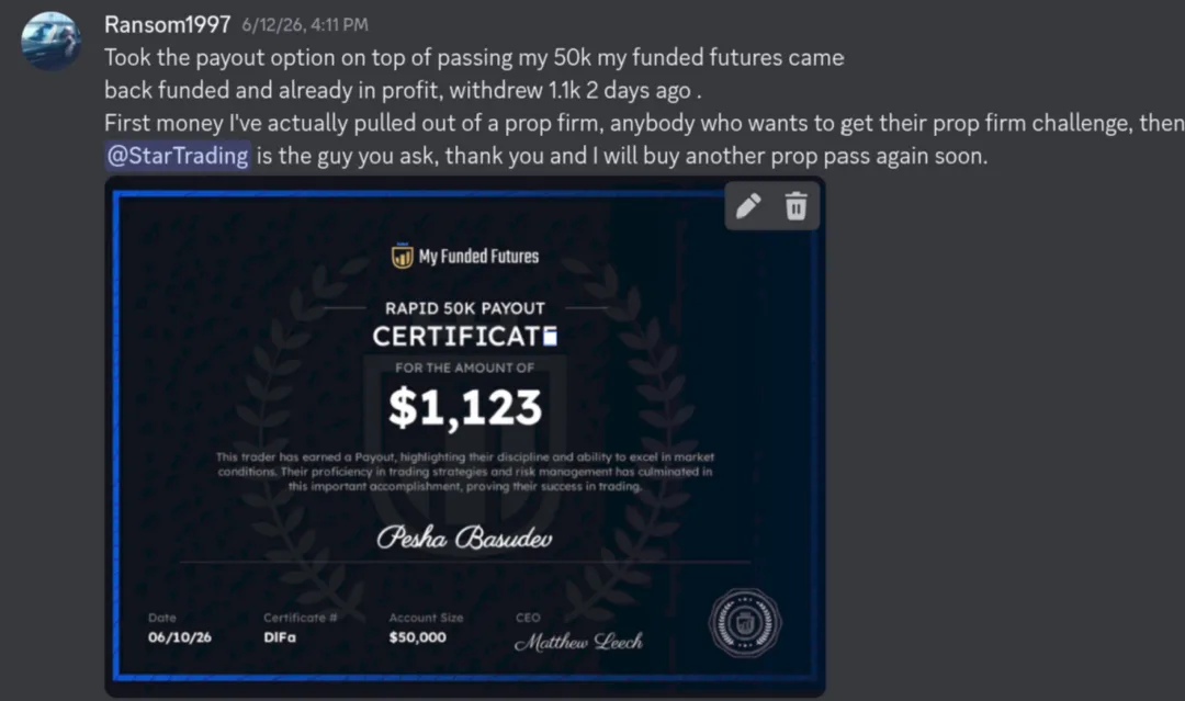 Discord message from Pesha Basudev about having their prop firm challenge passed